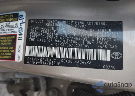 2007 Toyota Avalon Xls from USA, damaged, VIN 4T1BK36B67U225809